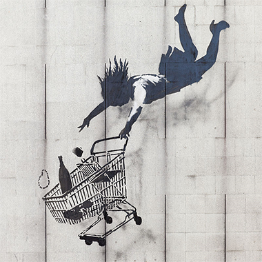 Shop Until You Drop o Compra hasta que te caigas, uno de los grafitis de Banksy en Mayfair, London.